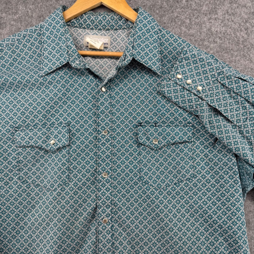 Wrangler Wrancher Western Shirt Mens 2XT Teal Geometric Pearl Snap MTV1465